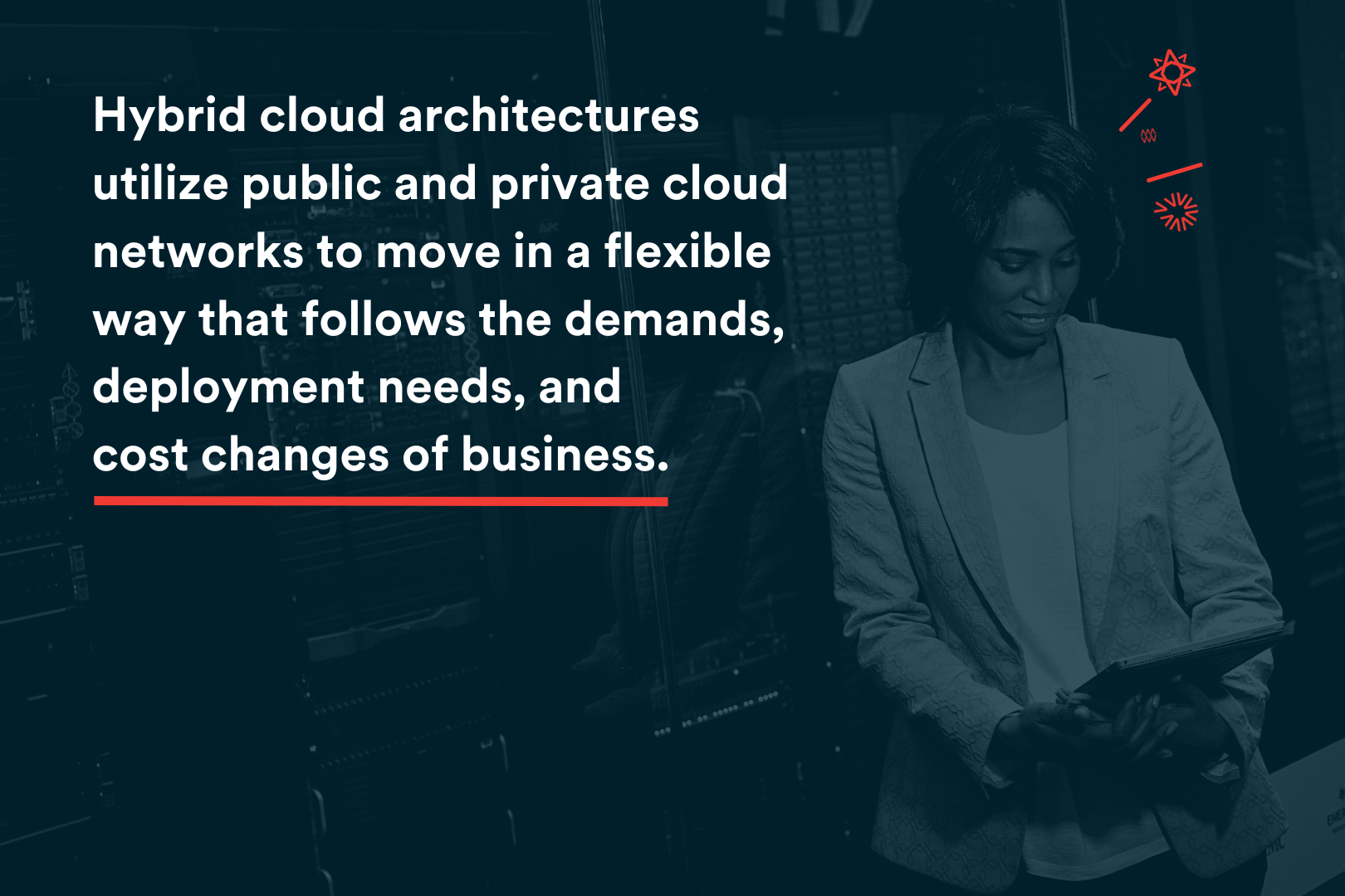 In Blog Image - Hybrid cloud architectures  utilize public and private cloud  networks to move in a flexible  way that follows the demands, deployment needs, and cost changes of business.